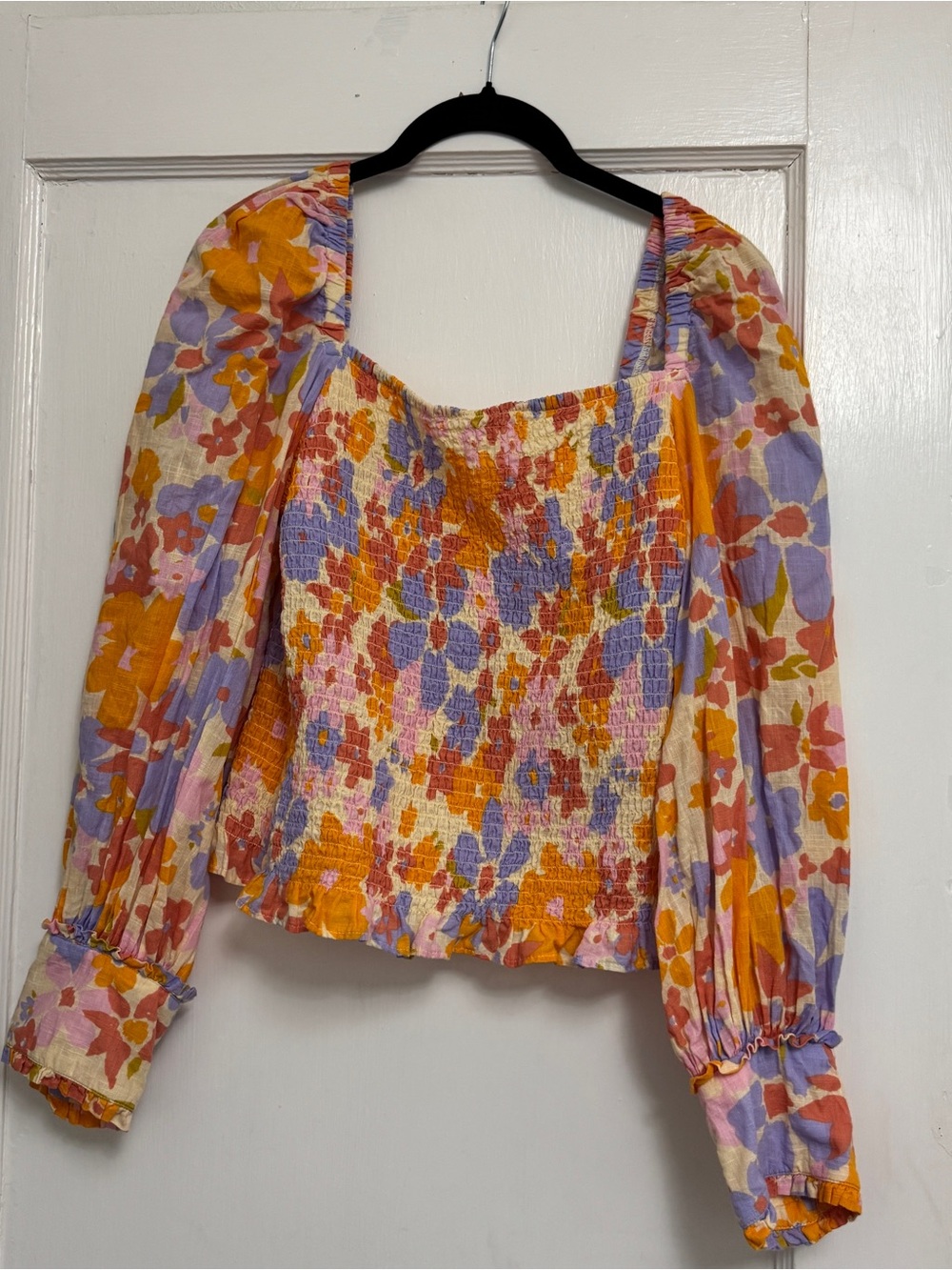 Free People Floral Smocked Square-Neck Top - Orange, Purple, Pink